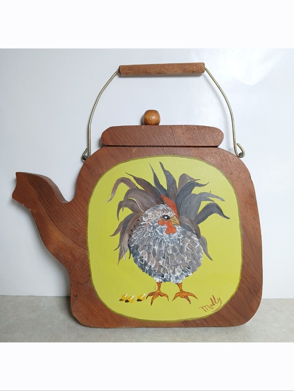 Vintage Hand Painted Wood Chicken Plague Teapot Shape Wall Decor Cottagecore